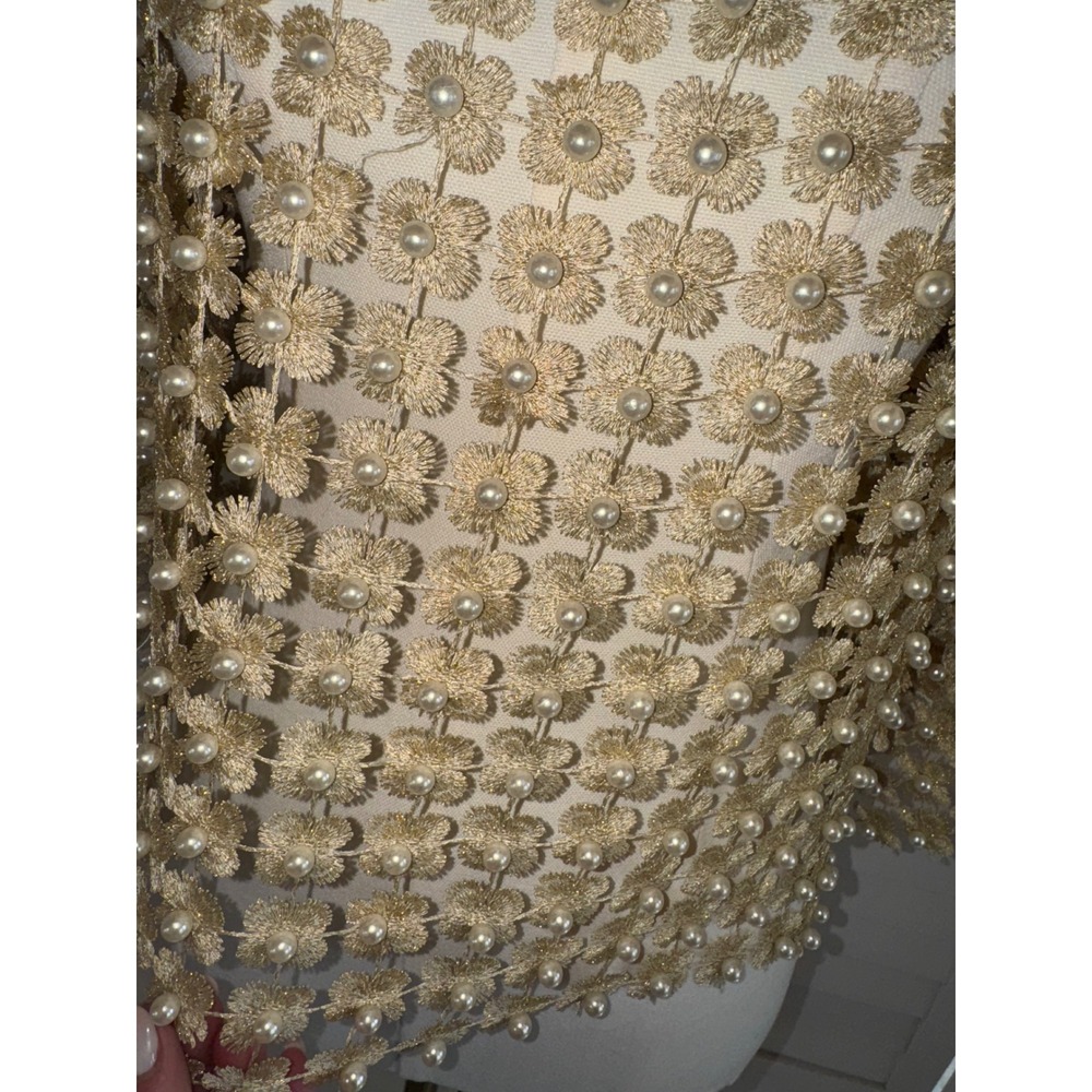 Vintage 1960's Hand-Beaded Faux Pearl and Gold Metallic Floral Top Size M/L - Picture 5 of 6